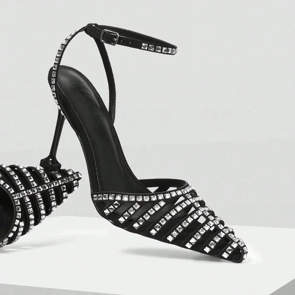 Black Glamorous Women's Rhinestone Buckle High Heel Shoes - Picture 5 of 6